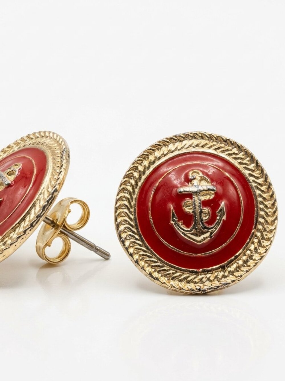 Vintage 90's Gold Anchor Pierced Earrings with Deep Red Enamel